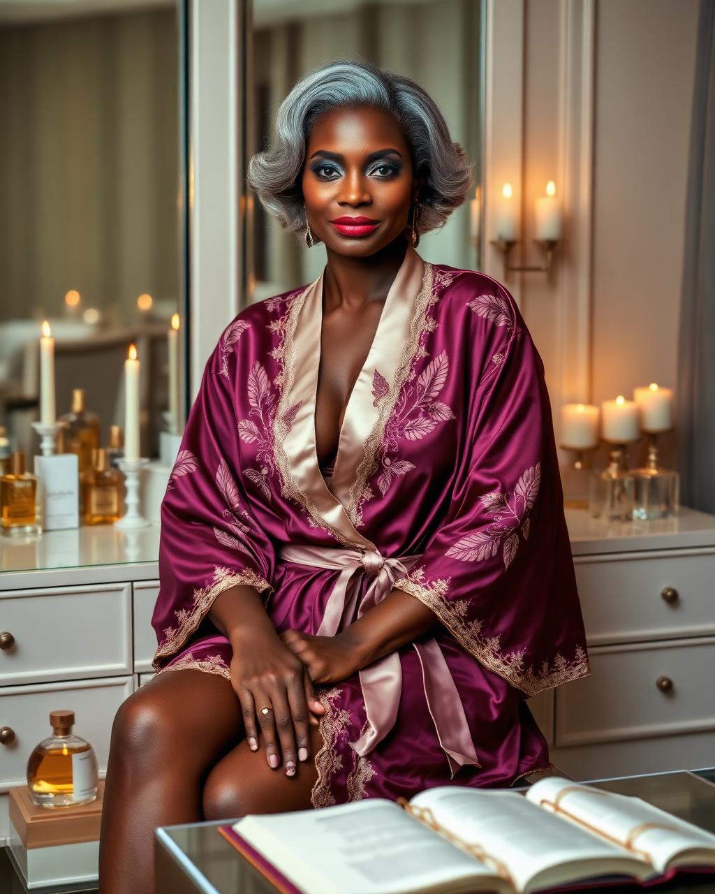 Model in plum silk and champagne lace seated at an elegant vanity