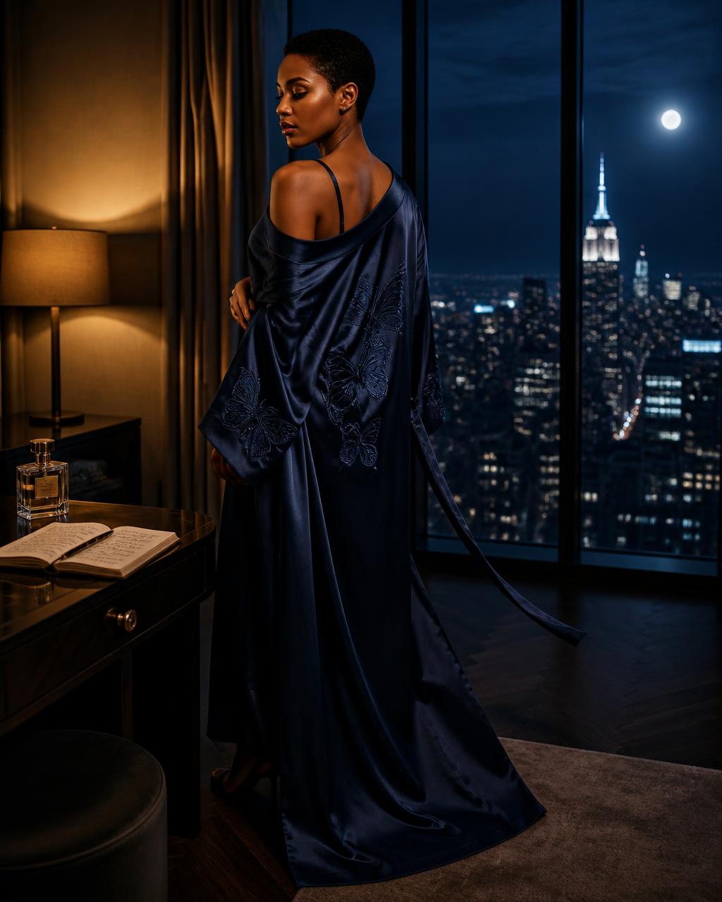 Model in a midnight-blue silk chemise and robe before a city skyline